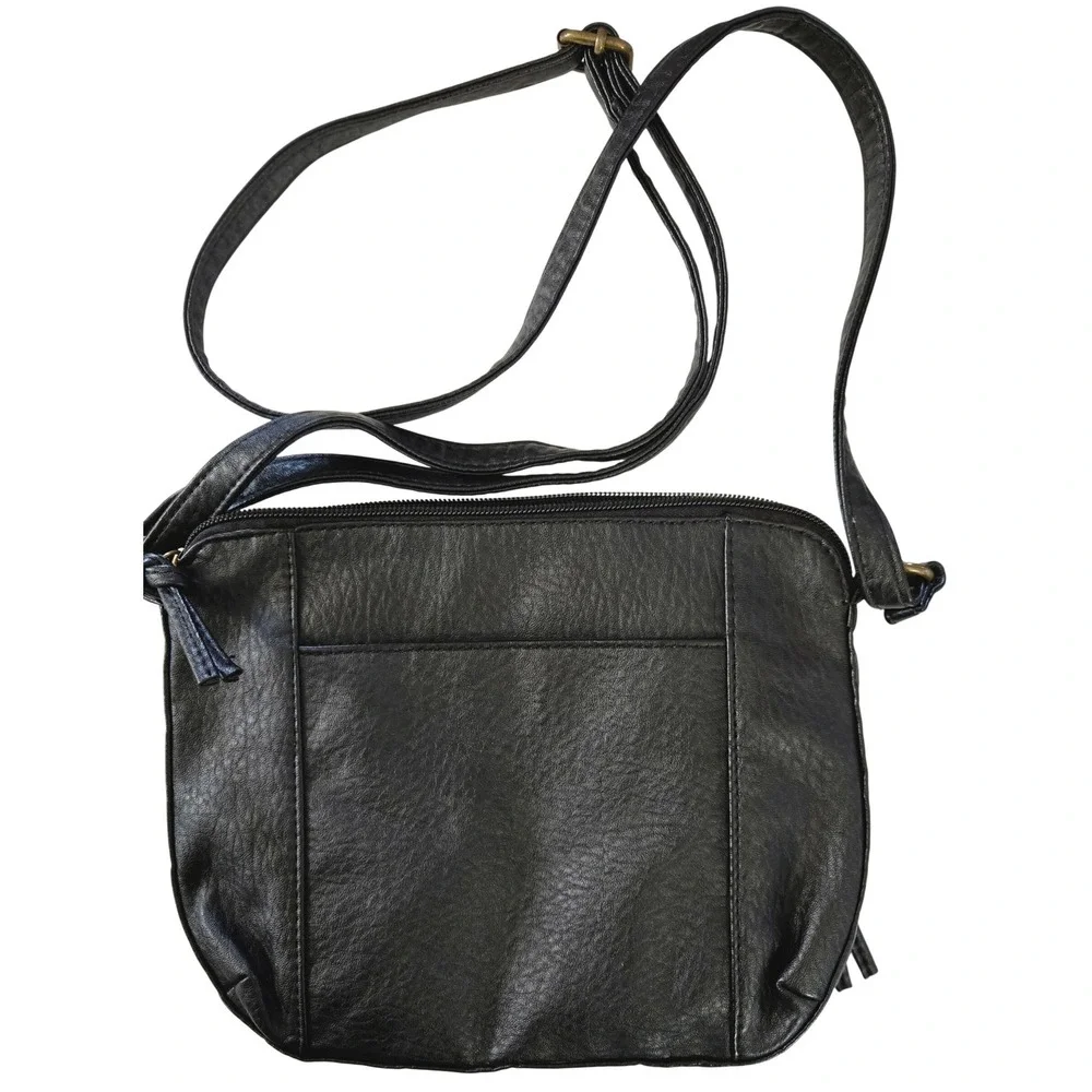 Great American Leatherworks Y2K Black Crossbody Bag Multi Zip Pocket Tassels - Picture 3 of 5